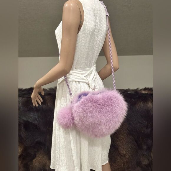 One of a kind! Premium Real Fox Fur Heart Shaped Bag & 2 Straps & Fur Ball Charm - Picture 8 of 17